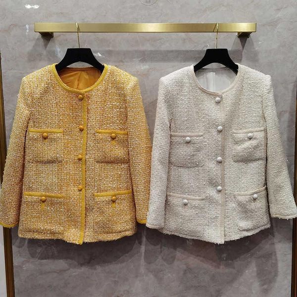

women's jackets high women quality o-neck tweed coat 2021 autumn winter 100% silk lining pockets elegant c358, Black;brown