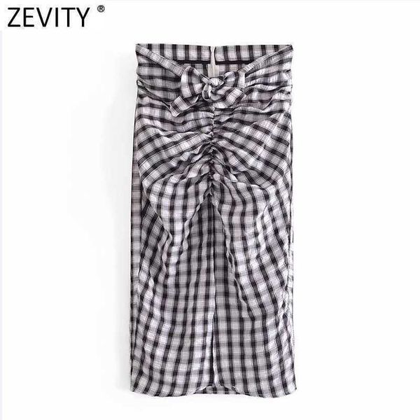 

zevity women vintage plaid print bow knotted design split slim skirt faldas mujer femme back zipper chic midi vestido qun762 210603, Black