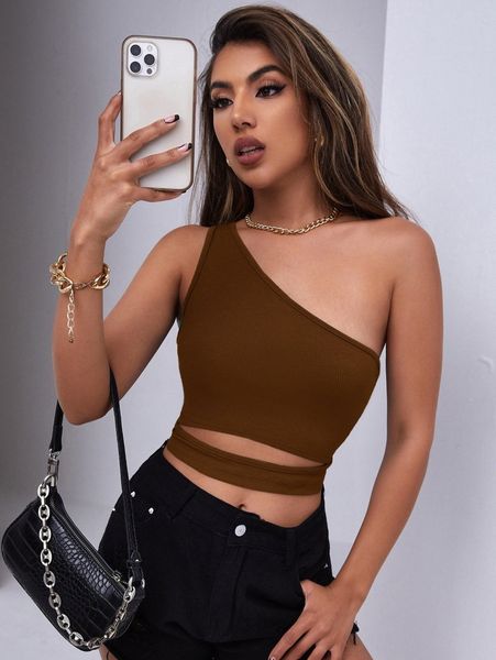 

one shoulder cut out ribbed crop 22pc#, White