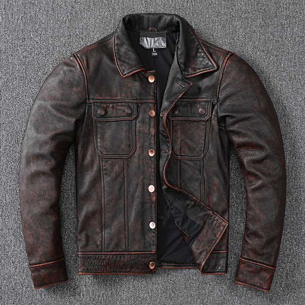 

men's leather & faux the first layer of cowhide jacket short retro brown washed distressed pure motorcycle, Black