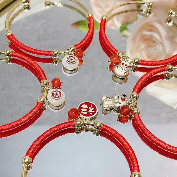Bracciale stile cinese tigre anno zodiacale aperto Blang rosso cordino fatto a mano braccialetto galvanico in oro reale per regalo di gioielli da donna