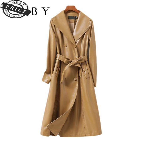 

women's leather & faux jacket genunie long 2021 female loose belt sheepskin oversize clothing coats slim elegant outwear 344, Black