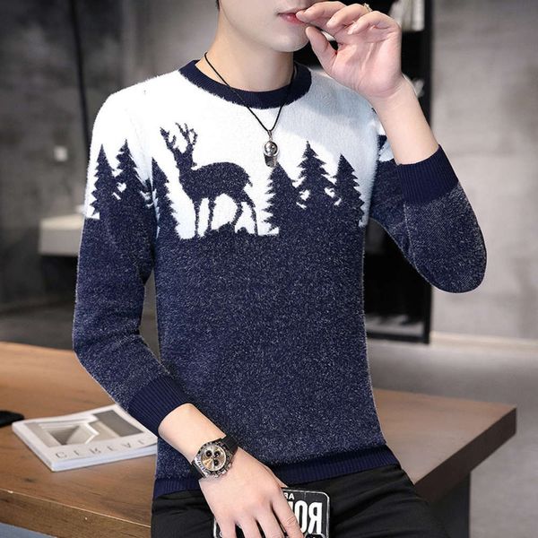 

2021autumn and winter new fashion mohair elk men's slim round neck trend casual sweater, White;black