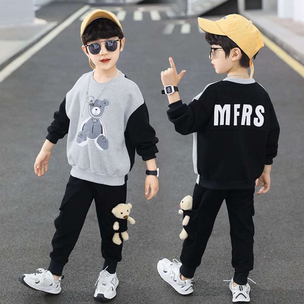 

korean suit 2021 new boys' version of zhongda children's fashionable personality spring and autumn leisure sports cartoon two piec, White