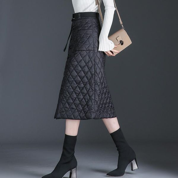 

skirts women warm 2021 autumn winter thick high waist ladies button slim duck down vintage long female plus size 4xl, Black