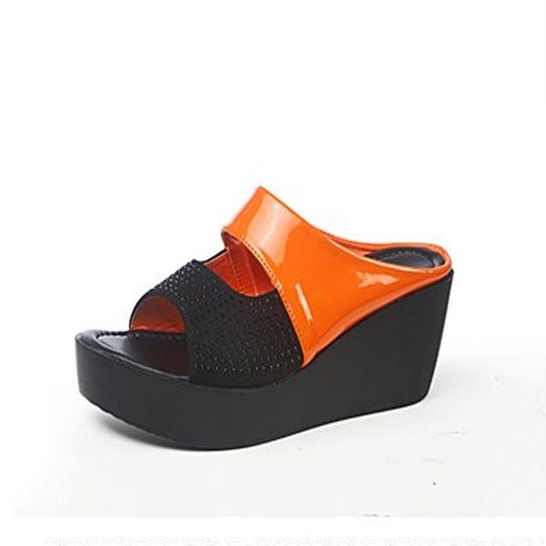 

large size 41 women's sandals 2021 summer new fashion color matching platform rhinestone slope heel flat slippers women's shoes, Black