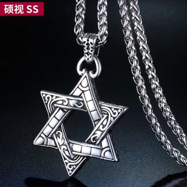 

fashion men's personality necklace japanese and korean chaoren long style pendant double-sided fashionable titanium steel six star stud, Silver