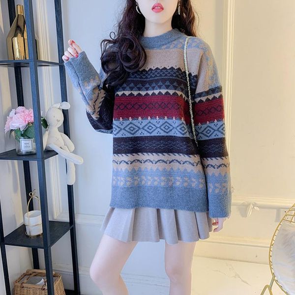 

vintage autumn spring woman's knitted sweater loose stripe o-neck female jumper casual basic ladies pullovers for women outwear, White;black