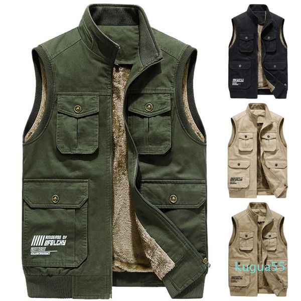 

men's vests 2021 autumn winter warm mens 100% cotton sports fishing multi-pocket fleece vest waistcoat male sleeveless jacket homme coa, Black;white