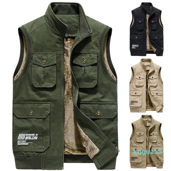 Gilet da uomo 2021 Autunno Inverno Caldo Uomo 100% Cotone Sport Pesca Gilet in pile multitasche Gilet Giacca senza maniche maschile Cappotto Homme