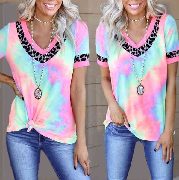 

women tie dye printed loose t-shirt ladies summer casual v-neck blouse top, White