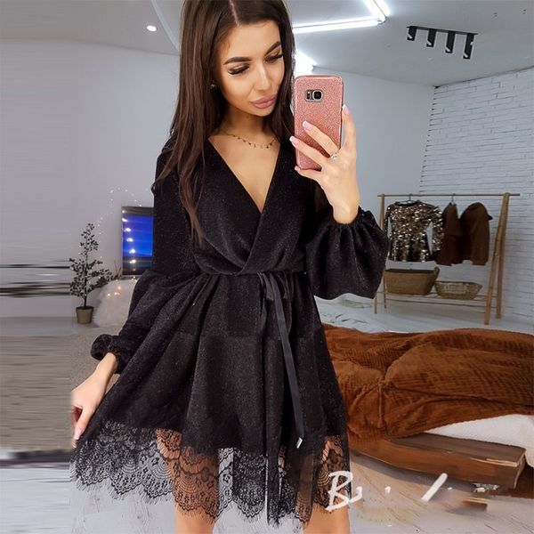 

women sashes lace patchwork a line party dress ladies long sleeve v neck club dress new fashion bright shiny dress 210303, Black;gray