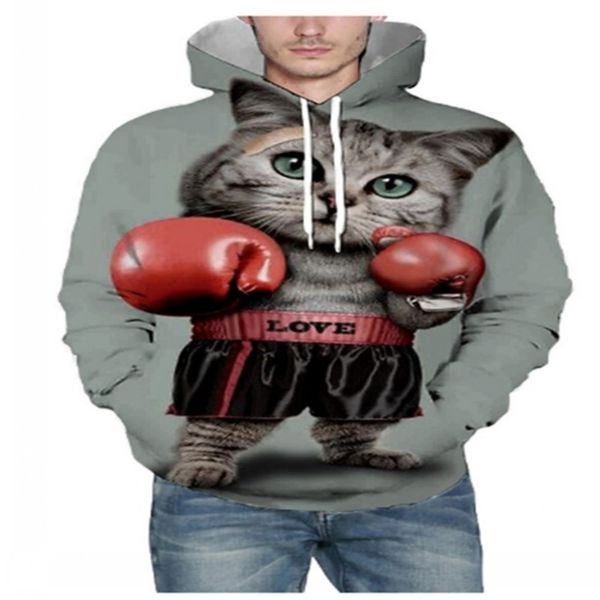 

spring and autumn men's hooded pullover boxing kitten long sleeve sweater 3d digital printing, Black