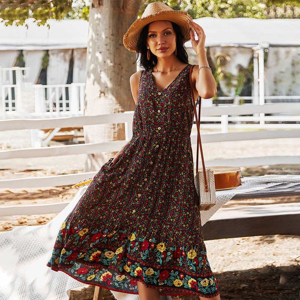 Casual Yaz Boho Maxi Elbiseler Bohemian Çiçek Baskılı Kolsuz Plaj Parti Tatil Halat Askısı V Boyun Uzun Elbise Artı Boyutu Y0726