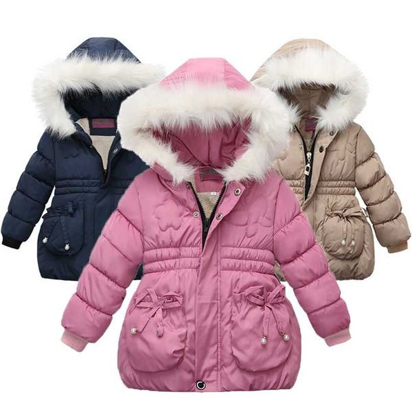 

thickening keep warm girls jackets autumn and winter fur collar kids jacket casual hooded zipper girl coat 2-4 years kid clothes 211023, Blue;gray