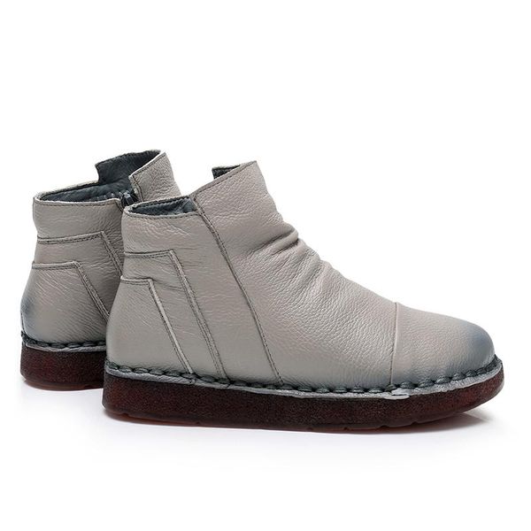 

boots women's ankle 2021 100% genuine leather retro zip round toe flat with woman winter ladies shoes, Black