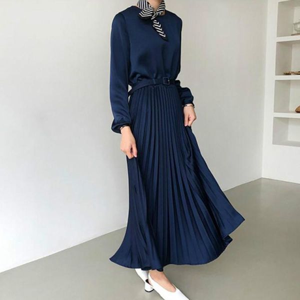 

casual dresses elegant o-neck pleated dress women long sleeve sashes belted high waist female a-line ladies vestidos 2021, Black;gray