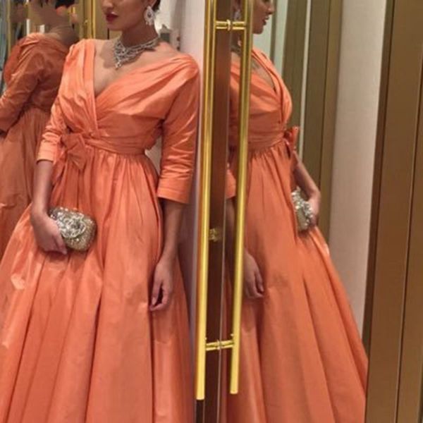 

2021 new arrival taffeta v neck half sleeve evening 2021plus size orange robe soiree dubai prom party gowns vestidos longue xqw5, Black;red