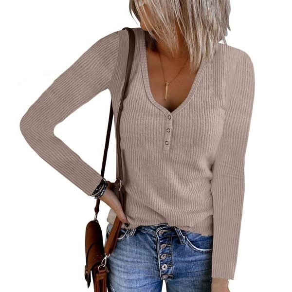 

women's blouses & shirts 2021 autumn blouse lady fashion button solid color v-neck long-sleeved t-shirt women casual slim pullover #4, White