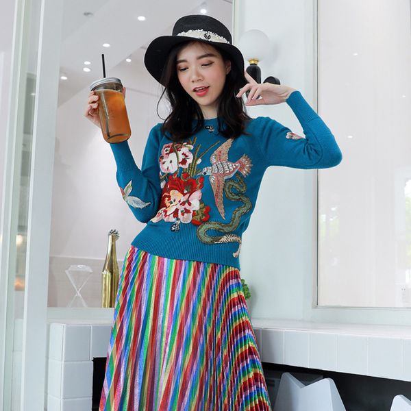 

19 autumn and winter lin zhiling g family heavy industry embroidery sequin nail bead inlaid rhinestone flower bird t-shirt crew neck05s60, White