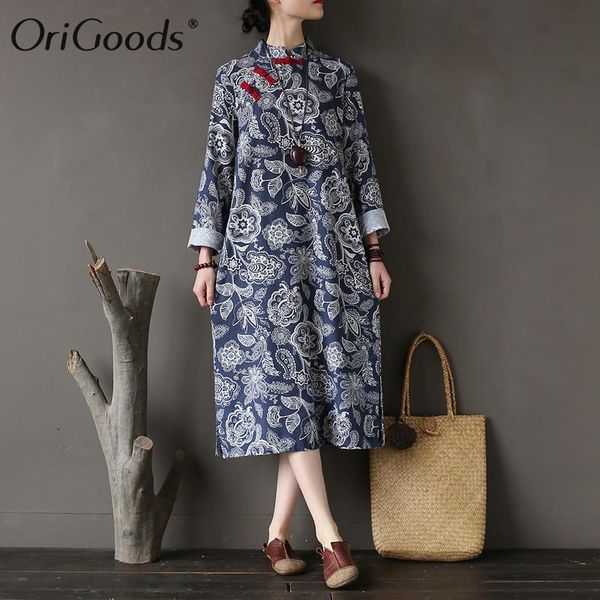 

casual dresses origoods chinese style women dress long sleeve vintage cotton and linen 2021 summer original print robe a302, Black;gray