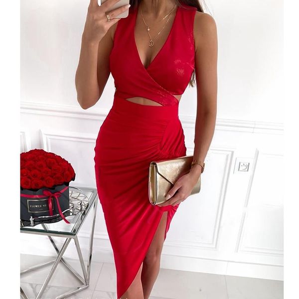 

casual dresses summer high waist sleeveless party dress solid color v neck irregular hem hollow pleated slim, Black;gray