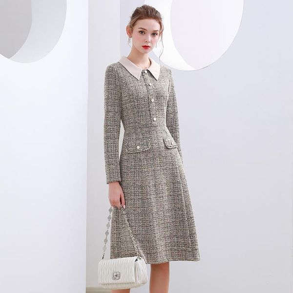 

casual dresses women's small fragrance woolen dress female autumn long ol ladies temperament doll collar, Black;gray