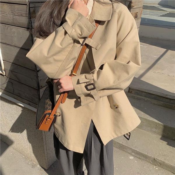 

women's trench coats korea dongdamen lapel windbreaker spring and autumn medium long casual loose coat with belt 2101, Tan;black
