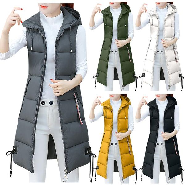 

women's vests fashion autumn winter vest 2021 slim hooded jacket long sleeveless parkas casual coat large size waistcoat ladies outwear, Black;white