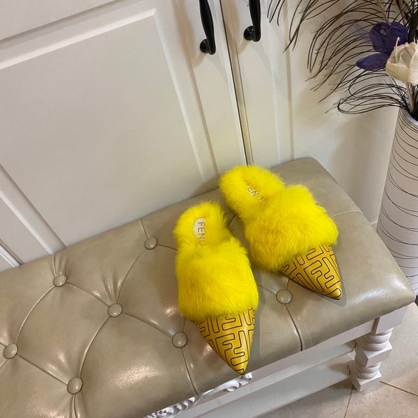 

brand hairy pointed-toe women&#39s slippers designer luxury casual outdoor women&#39s shoes size 35-40806, Black