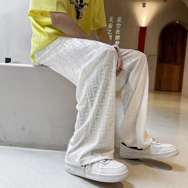

men's pants mens summer silk straight trousers ice casual loose thin sagging wide leg streetwear, Black