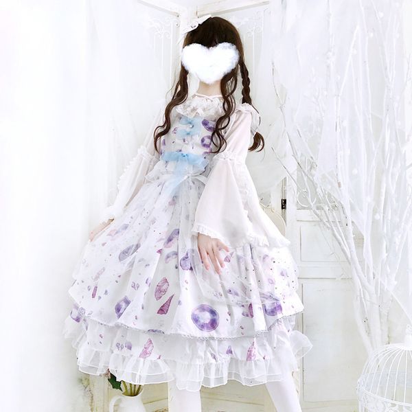 

luxury casual dresses sea moon jellyfish jsk strap lace bow girl lolita small high waist drs, Black;gray
