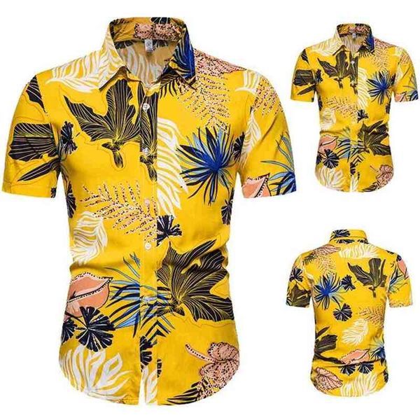 

summer yellow hawaiian shirt mens leaf print short sleeve cotton men casual slim fit shirts chemise homme camisa masculina 210626, White;black