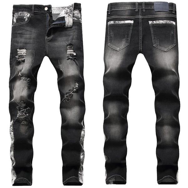 

men's jeans slim fit stretch pants korean style trendy personality beggar summer tide brand ripped, Blue