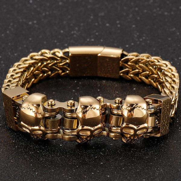 Maglia, catena Bracciale da uomo in acciaio inossidabile dorato Cinturino punk gotico con teschio Chiusura magnetica Bracciale Homme con testa di animale Regalo di gioielli maschili