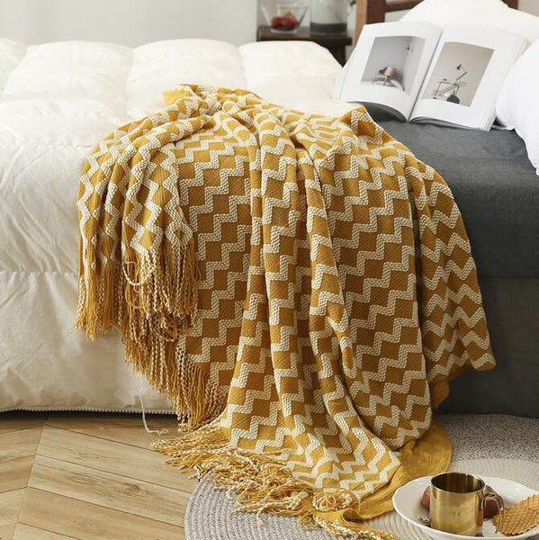 

ins warm portable soild color geometric knitted blanket bedspread wool wavy pattern home blanket with tassels for spring autumn