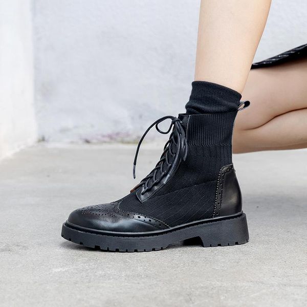 

boots solid color short patchwork women ankle lace-up thick bottom platform booties sneakers casual ladies shoes botas feminina, Black