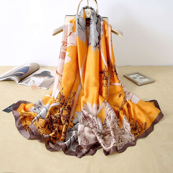 

2021 new simulation silk women's rich peony print satin scarf travel sun protection shawl, Blue;black