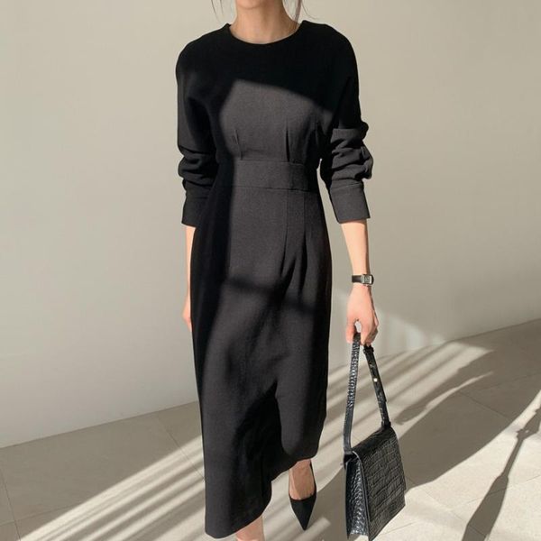 

minimalist maxi dress women 2021 new autumn winter bottoming dress fashion elegant long sleeve package hip dresses, Black;gray