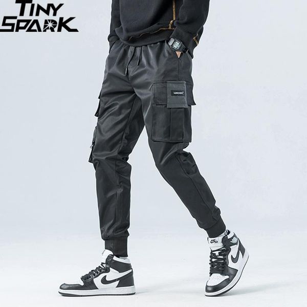 

men's pants 2021 hip hop cargo streetwear men harajuku joggers hiphop swag ribbion harem pockets summer autumn trousers, Black