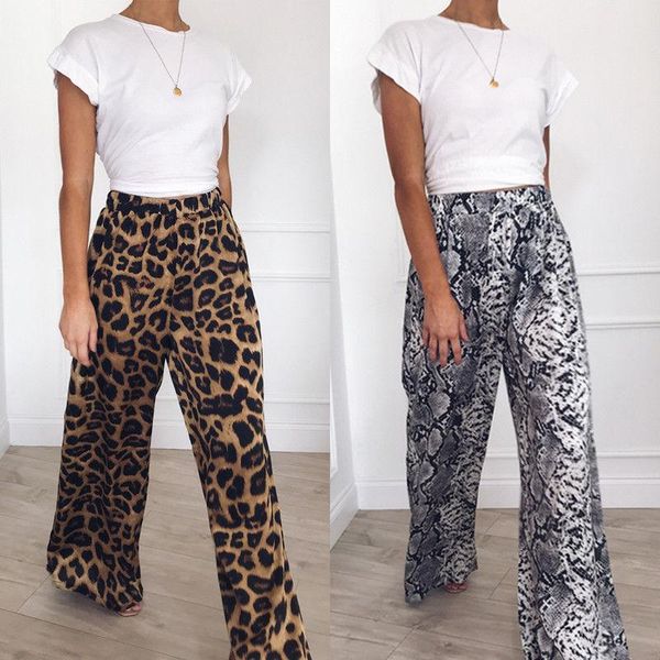 

women's pants & capris women palazzo pant snake skin pattern flared wide leg high waist ladies career long trousers leopard print panta, Black;white
