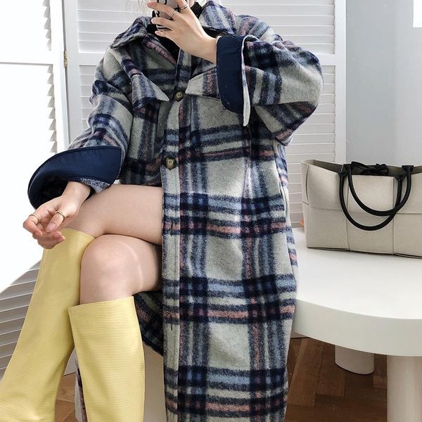 

women's wool & blends spring turn down collar women woolen coat plaid print elegant jacket autumn long casaco feminino, Black