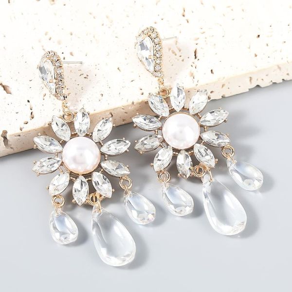 

dangle & chandelier shiny pearls earrings for women fashion luxury rhinestone korean ladies drop party wedding jewelry gift ht006, Silver
