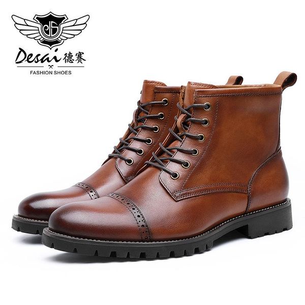 

dress shoes style leather boots men's three joint lace up british casual, Black