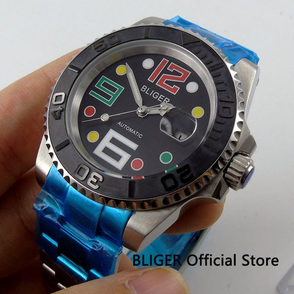 

sapphire glass bliger 40mm dial black brushed ceramic bezel date magnifier miyota automatic movement men's watch 27c, Slivery;brown