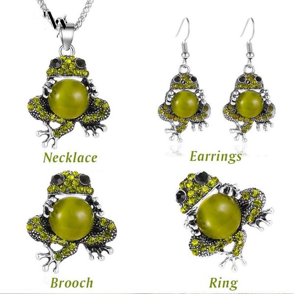 

earrings & necklace fashion cute pet jewelry set opal frog earring elastic ring brooch for women feature namour charm gift all seasons, Silver