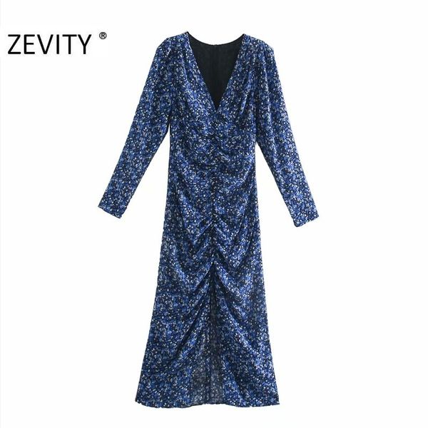 

zevity new women vintage v neck flower print pleated shirtdress ladies long sleeve back zipper vestido chic split dresses ds4516 210306, Black;pink