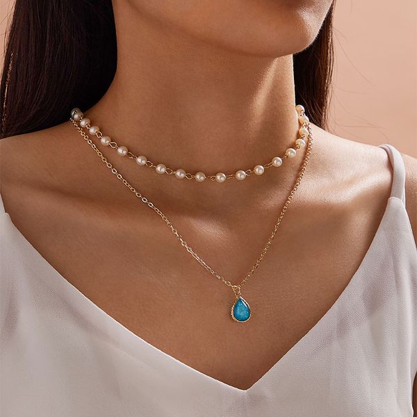 Elegante imitazione perla goccia d'acqua collana ciondolo pietra semipreziosa donna vintage geometrica clavicola collane gioielli regalo