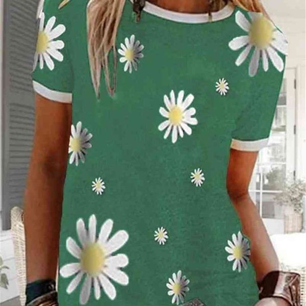 

daisy print women t shirt harajuku summer patchwork womens clothing o-neck short sleeve vintage female oversized 3xl shirt 210722, White