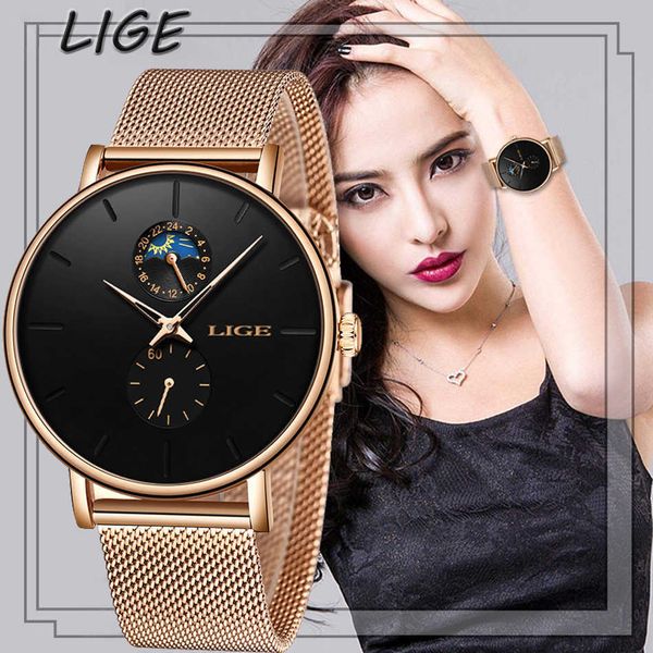 

lige womens watches brand luxury waterproof fashion ladies stainless steel ultra-thin casual wrist quartz clock 210616, Slivery;brown